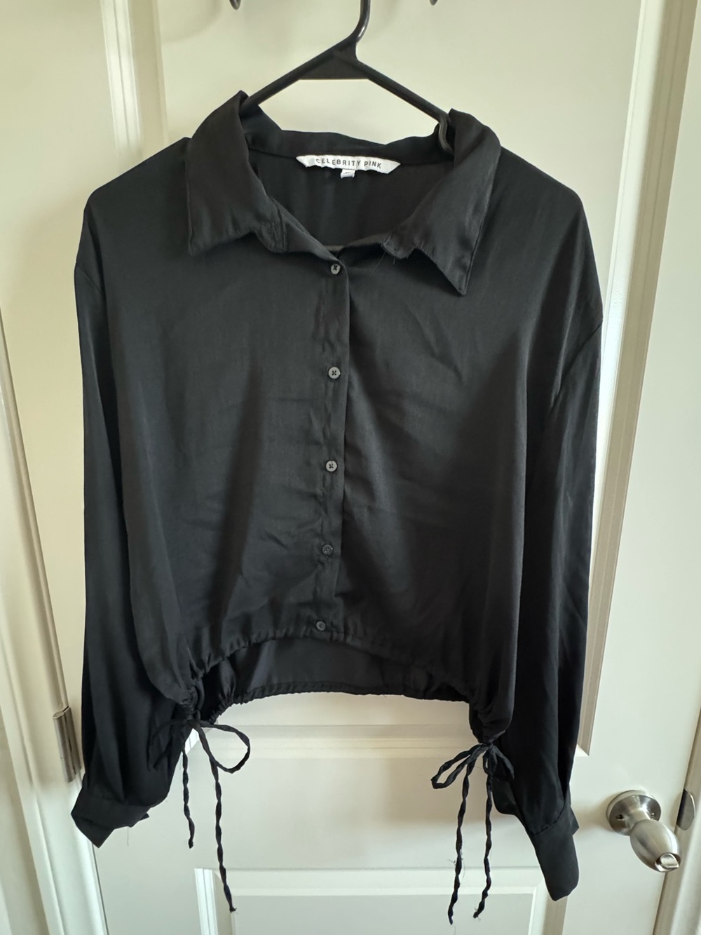 Black Button-Front Drawstring Hem Shirt